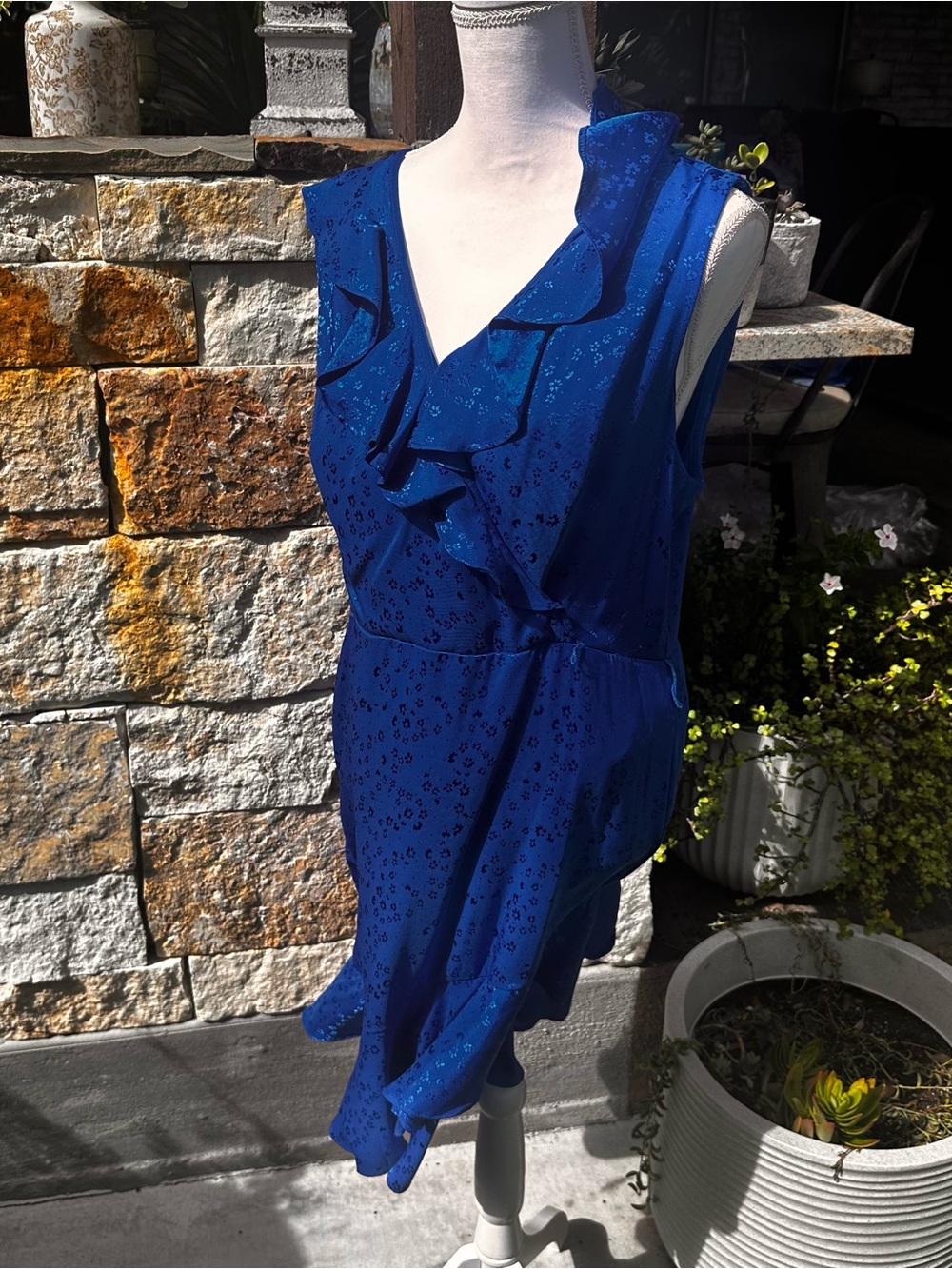 DKNY Royal Blue Ruffle V-Neck Mini Dress
